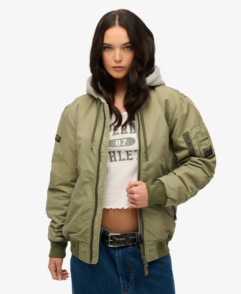 womens Oversized Military MA1 Bomber Jacket in Washed Olive Green