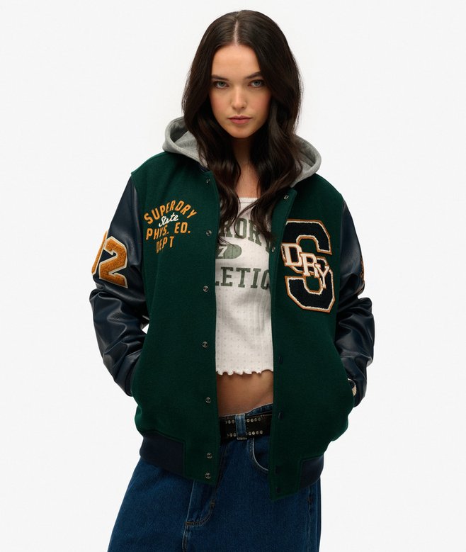 Bomber oversize à capuche et écusson Collegevert pinède foncé pour