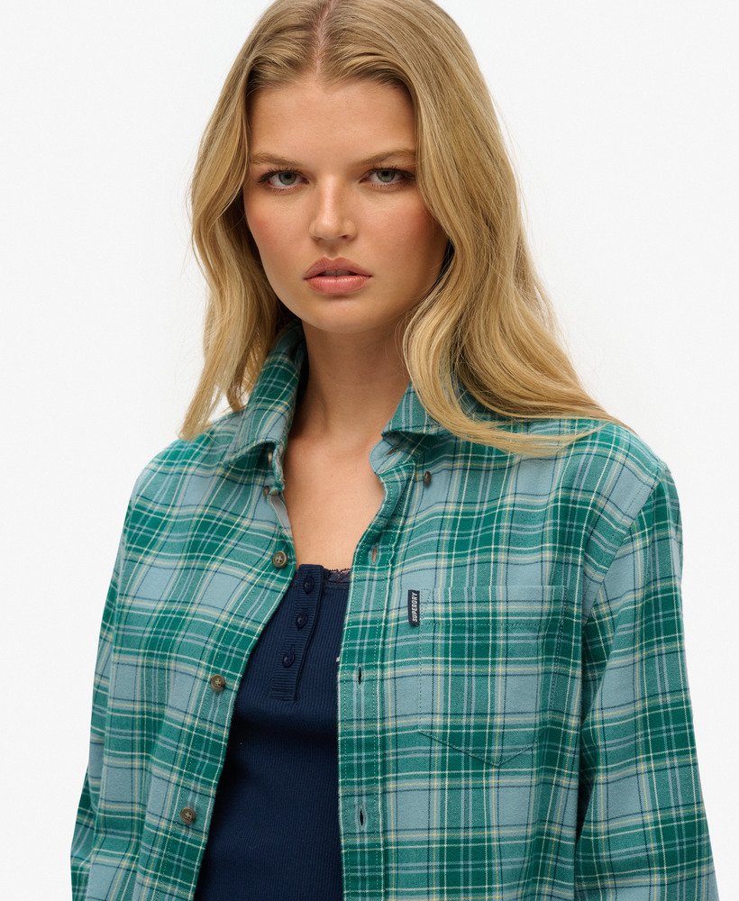 womens Oversized Organic Cotton Vintage Check Shirt in Teal Check