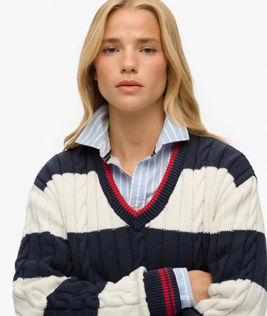 Stripe Oversized Cable V Neck Jumper Image 3