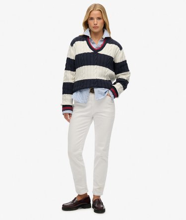Stripe Oversized Cable V Neck Jumper Image 2