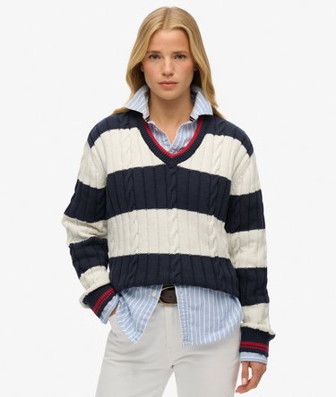 Stripe Oversized Cable V Neck Jumper Image 1