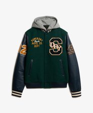 Hooded College Patched Bomber Jacket