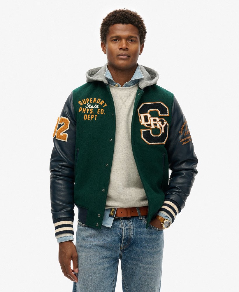 mens Hooded College Patched Bomber Jacket in Dark Pine Green