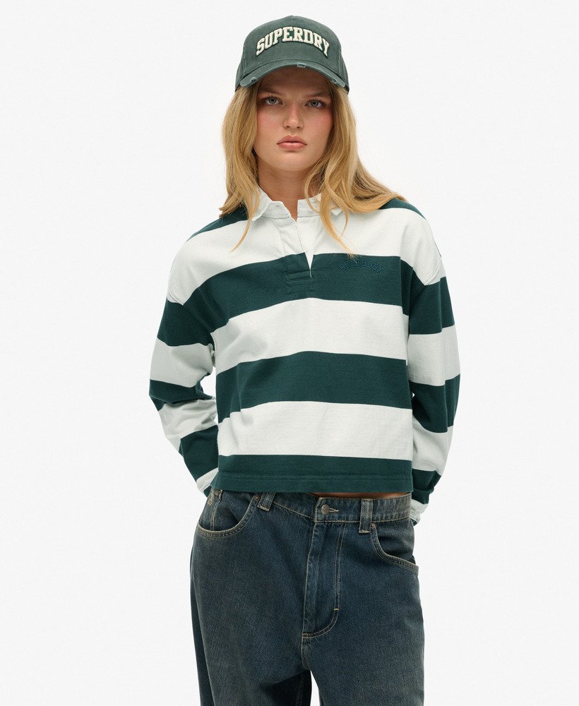 Dames Athletic Essentials rugbyshirt met strepen in dark pine