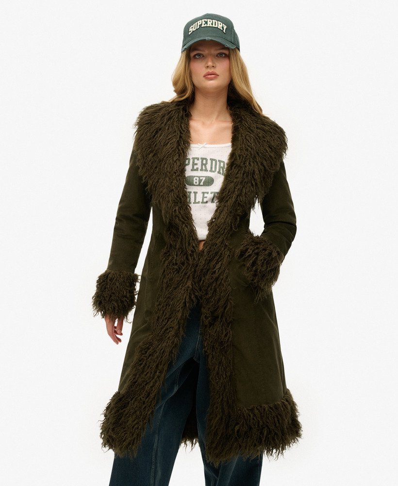 womens Faux Fur Lined Longline Afghan Coat in Khaki Cord | Superdry US