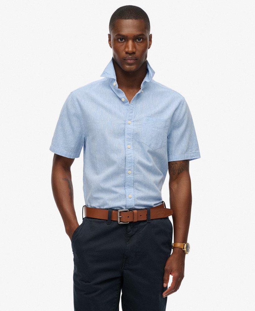 mens City Cotton Linen Short Sleeve Shirt in Sky Blue Chambray