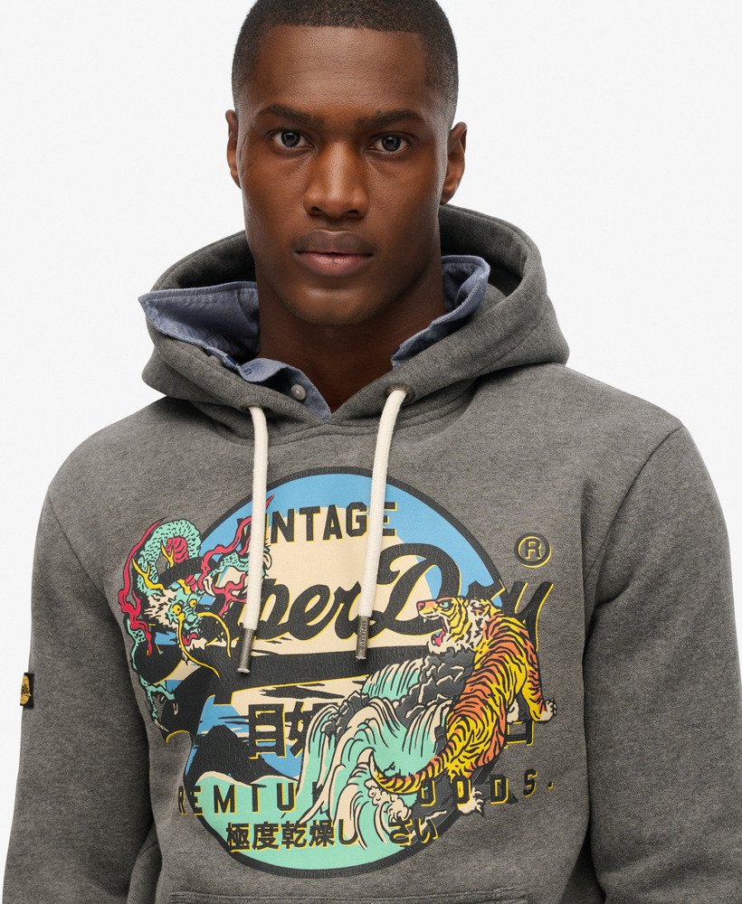 mens Japanese Vintage Logo Graphic Hoodie in Rich Charcoal
