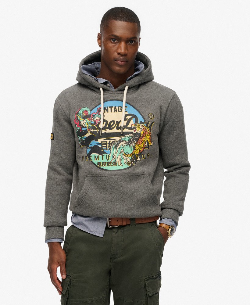 mens Japanese Vintage Logo Graphic Hoodie in Rich Charcoal