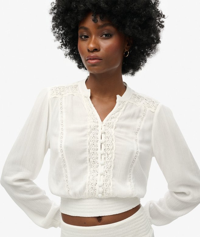 Long Sleeve Lace Trim Smocked Blouse