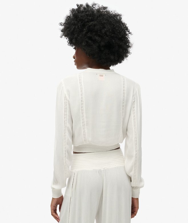 Long Sleeve Lace Trim Smocked Blouse