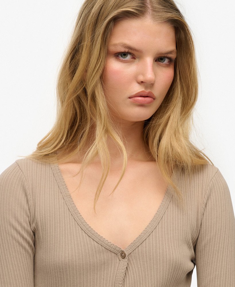womens Essential Button Long Sleeve Top in Cobblestone Grey | Superdry IE