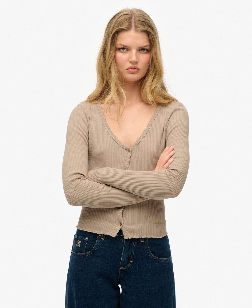 womens Essential Button Long Sleeve Top in Cobblestone Grey | Superdry IE
