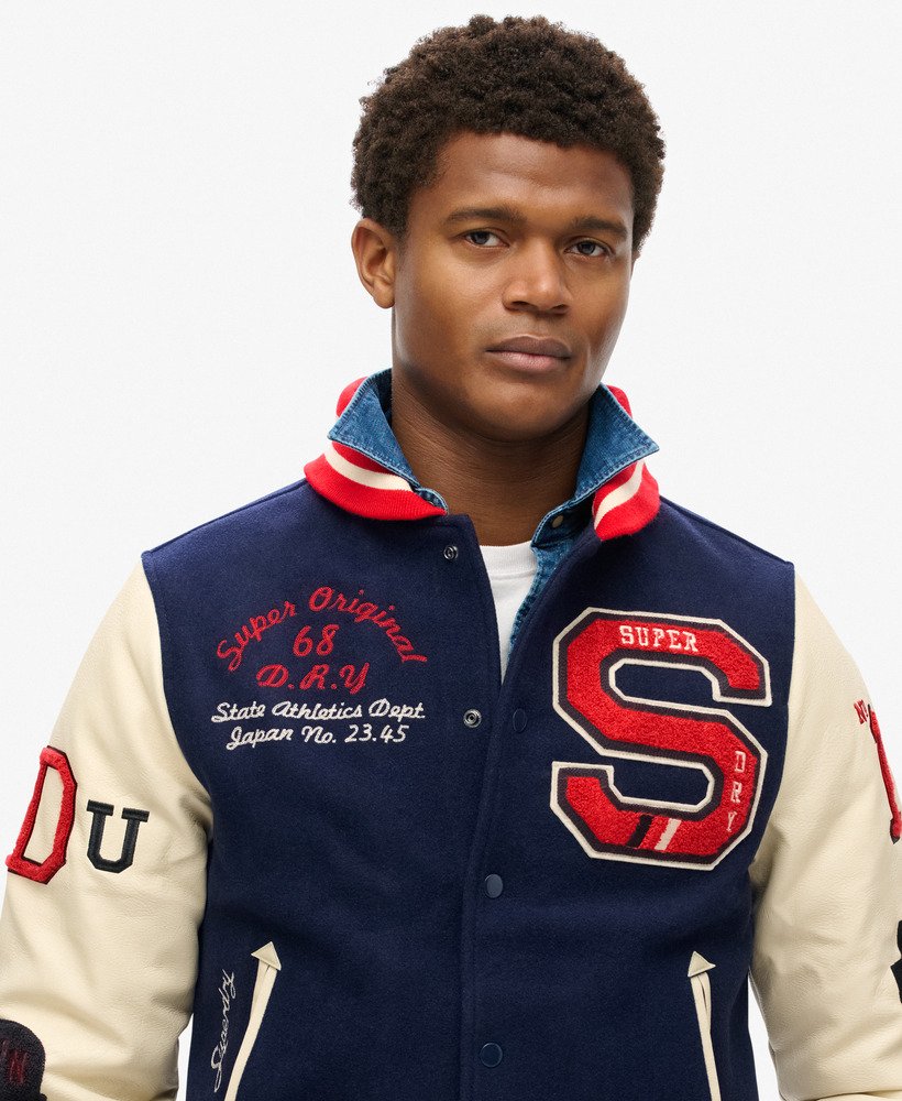mens College Varsity Patched Bomber Jacket in ATLANTIC NAVY