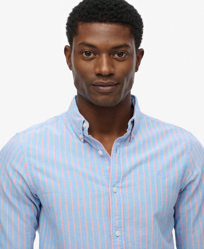 mens Classic Oxford Long Sleeve Shirt in French Blue Stripe/Coral
