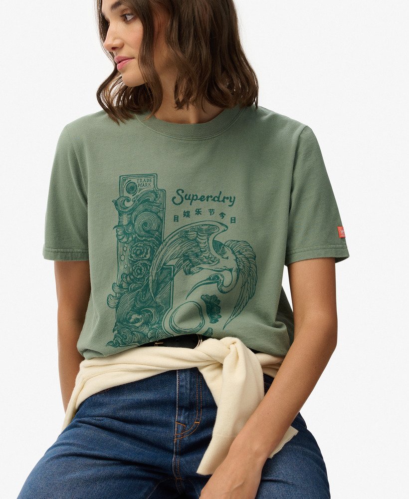 womens Tokyo Narrative Relaxed T-Shirt in Laurel Khaki | Superdry US