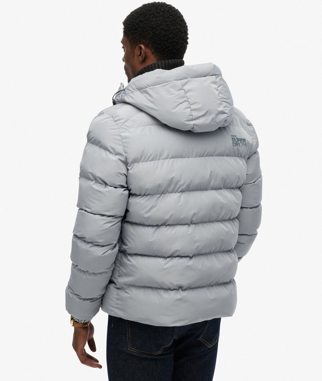 Hooded Sports Puffer Jacket-Washed Denim