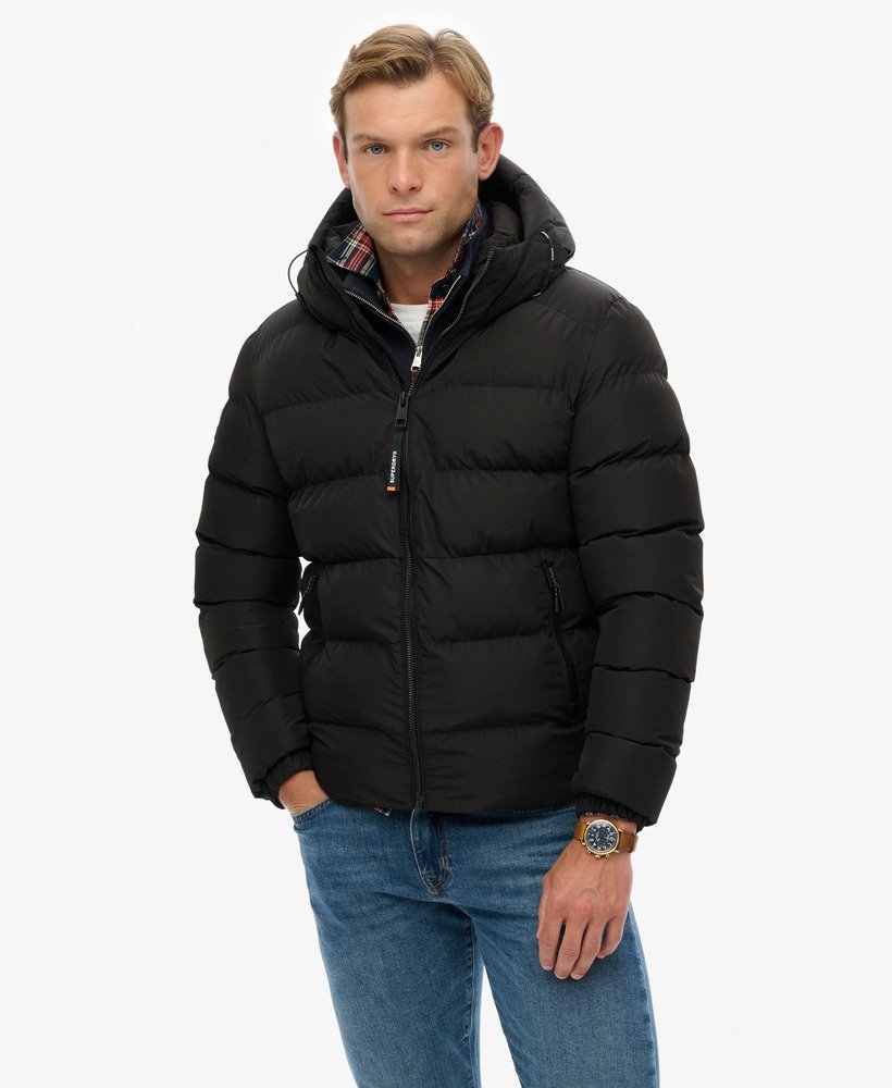 SuperDry Sport フード付きナイロンジャケット mens Hooded Sports Puffer Jacket in BLACK/BLACK | Superdry US