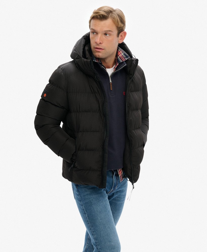 mens Hooded Sports Puffer Jacket in BLACK/BLACK | Superdry US