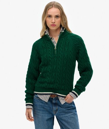 Gebreide kabeltrui met halve rits in slimfit Image 1