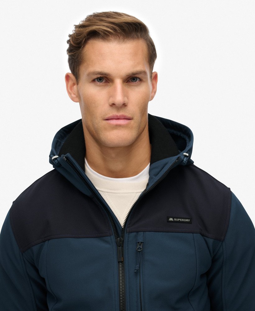 mens Hooded Soft Shell Trekker Jacket in Flex Navy | Superdry US