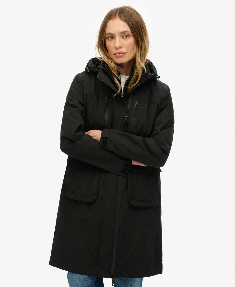 womens Hooded Longline Shell Parka in Black | Superdry US