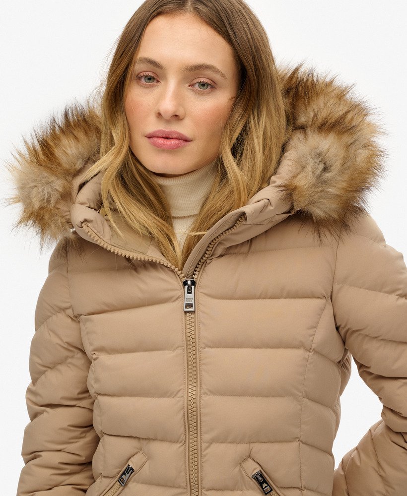 womens Fuji Faux Fur Hooded Longline in Shaker Beige | Superdry US
