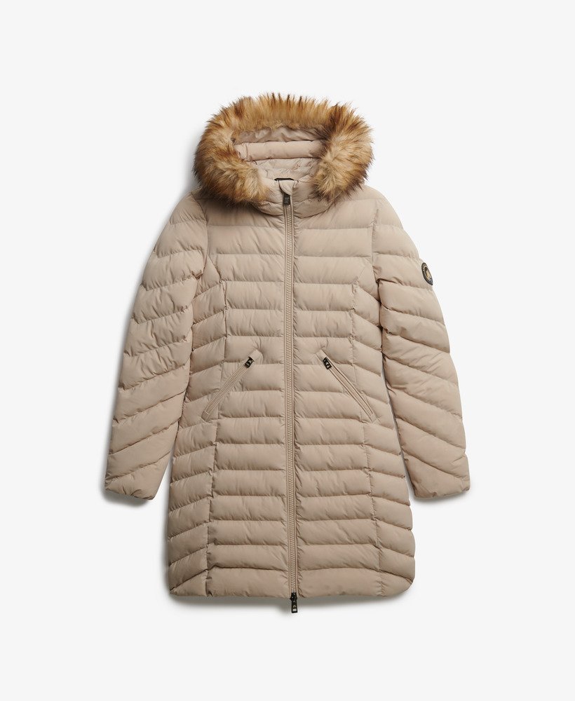 womens Fuji Faux Fur Hooded Mid Length Coat in Chateau Beige