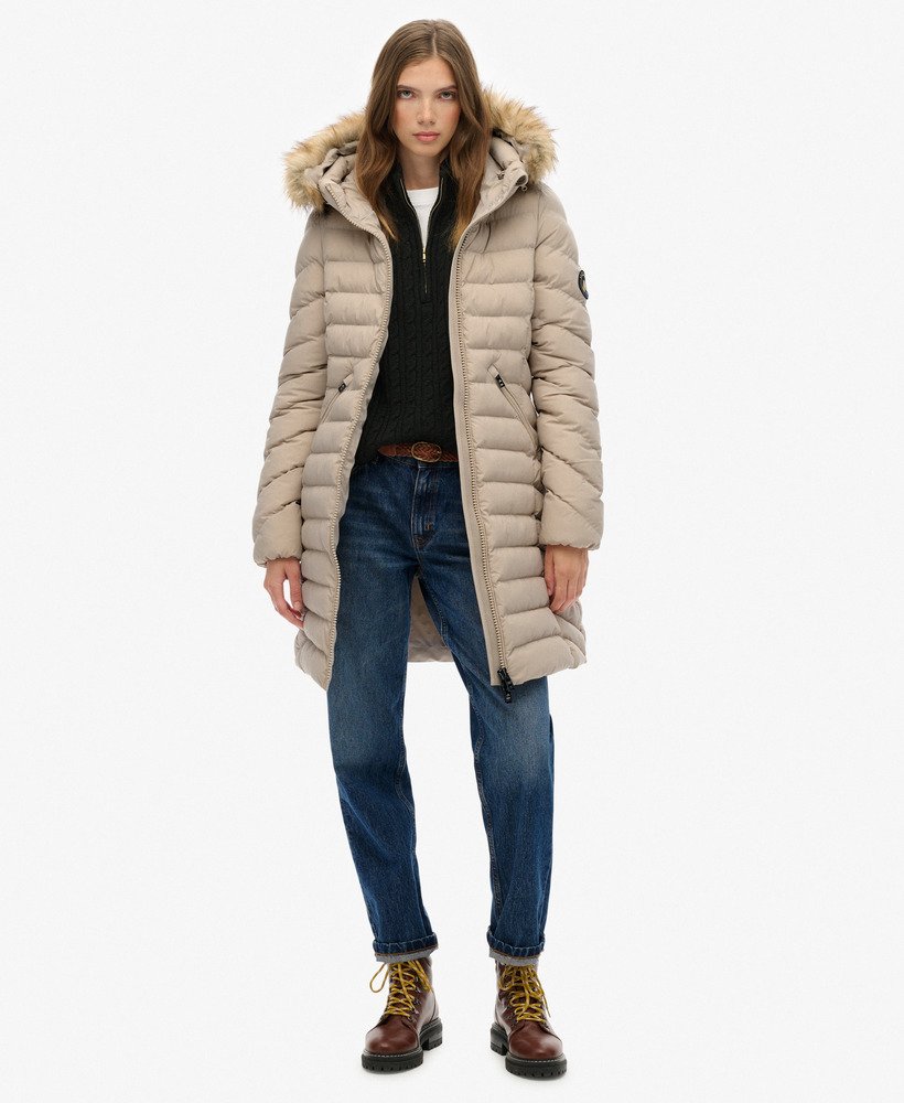 womens Fuji Faux Fur Hooded Mid Length Coat in Chateau Beige