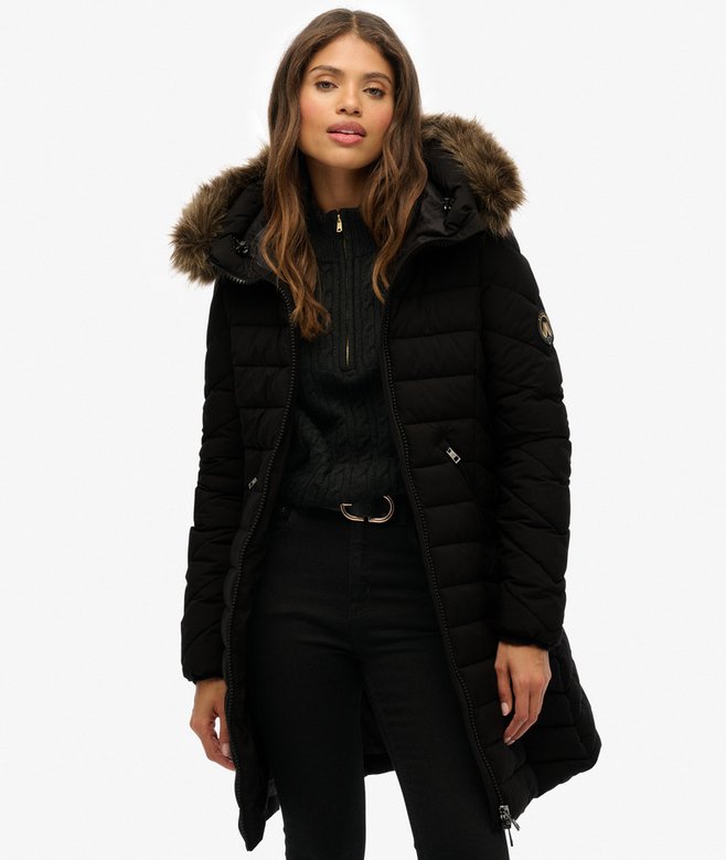 womens Fuji Faux Fur Hood Mid Length in Black Superdry UK