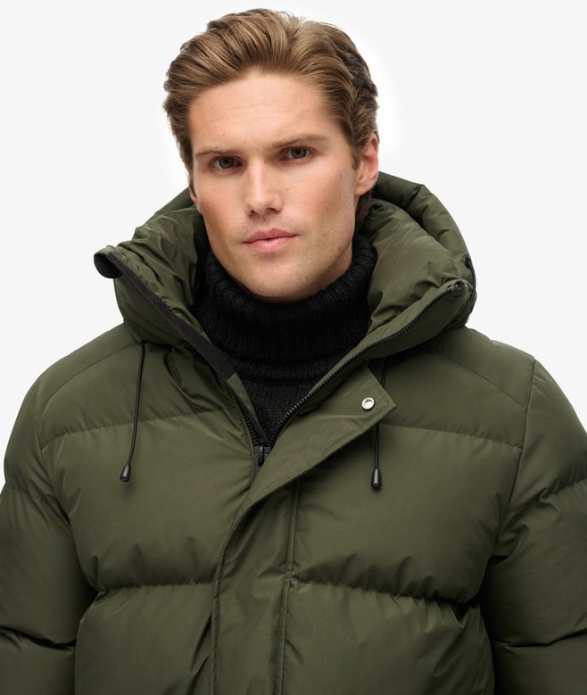 mens Hooded Mid Length Sports Puffer Jacket in Army Khaki Green ...