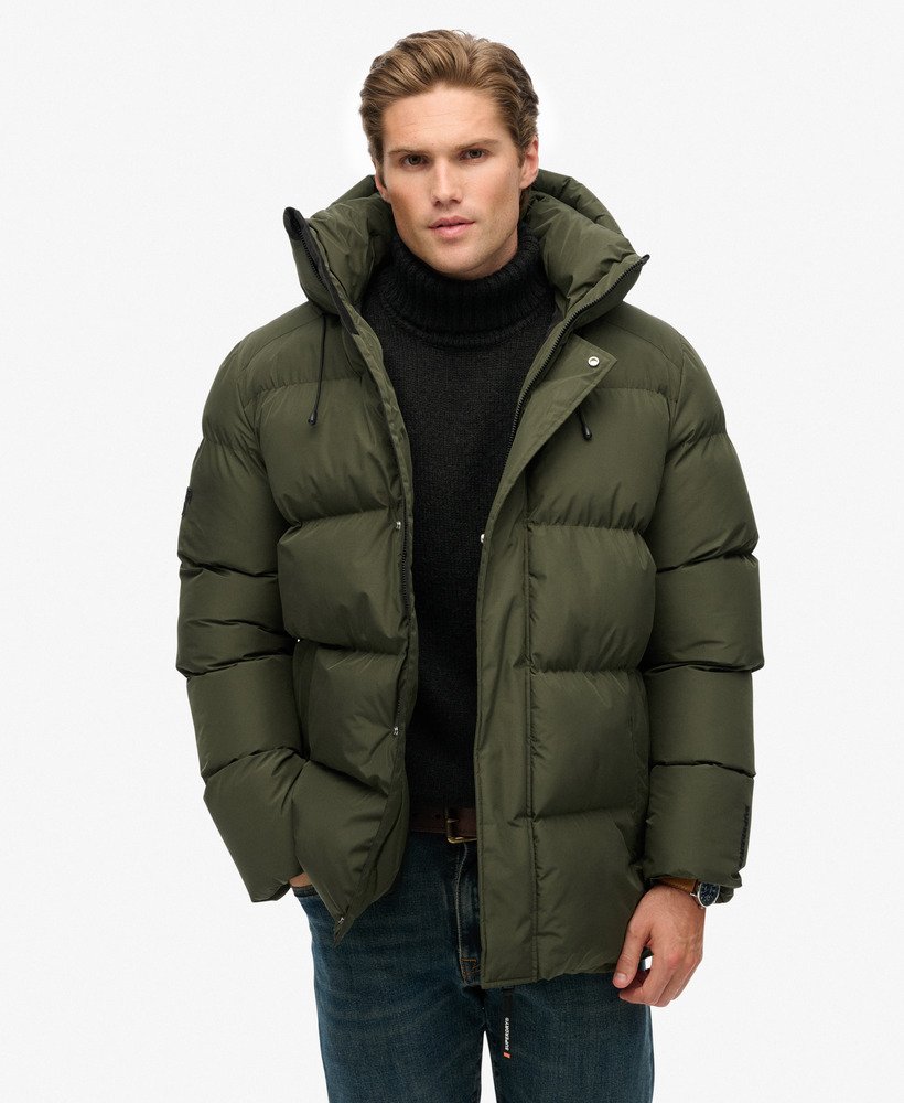 mens Hooded Five Baffle Sports Puffer Jacket in Army Khaki