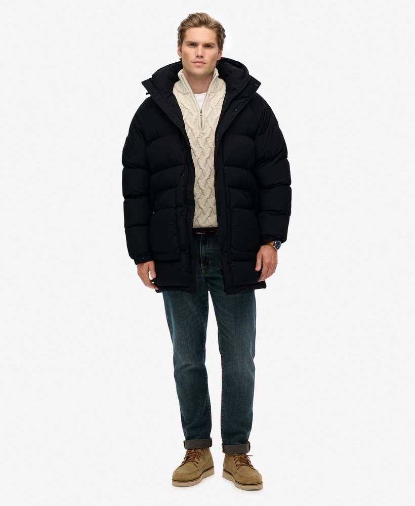 mens XPD Longline Baffle Parka Jacket in JET BLACK | Superdry US