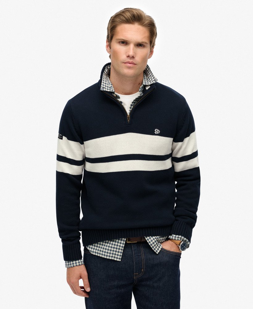 mens Cotton Stripe Half Zip Knit in Eclipse Navy/Bone White