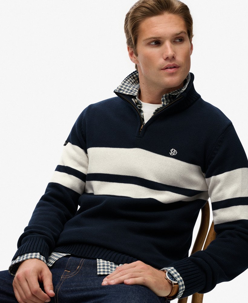 mens Cotton Stripe Half Zip Knit in Eclipse Navy/Bone White