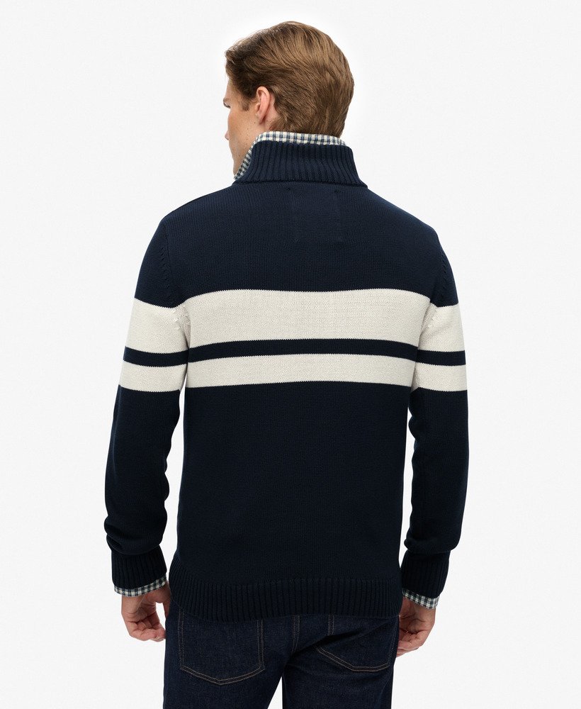 mens Cotton Stripe Half Zip Knit in Eclipse Navy/Bone White