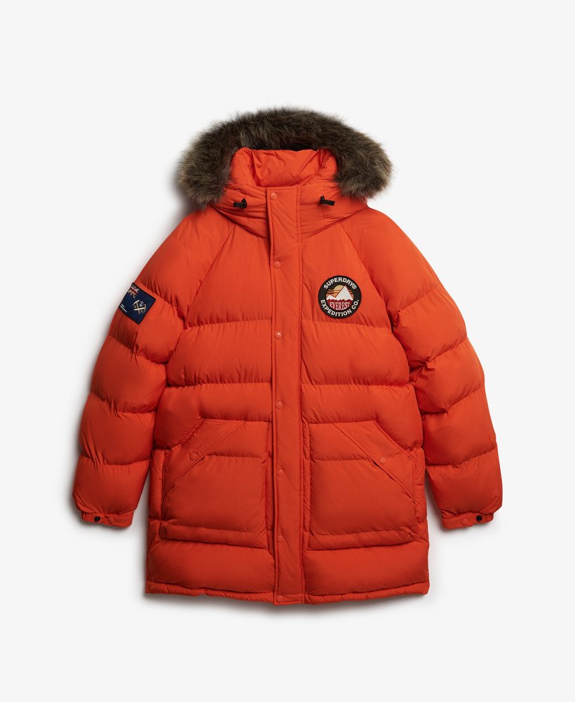 mens Everest Longline Baffled Parka in Bold Orange | Superdry US