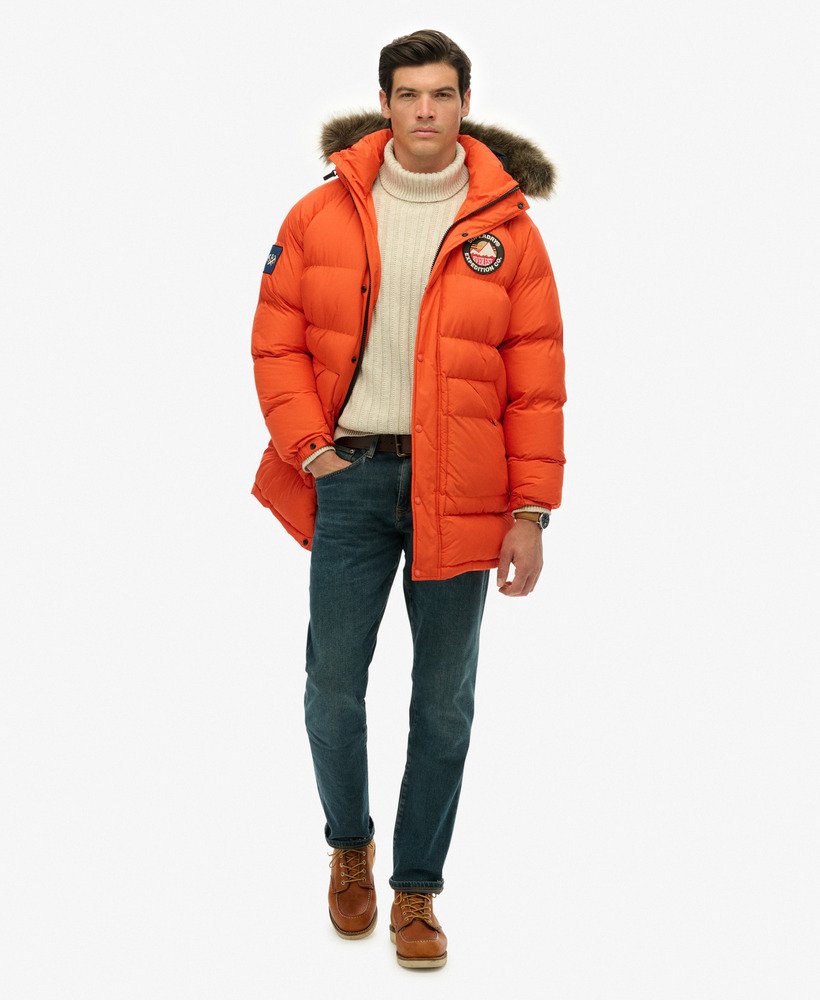 mens Everest Longline Baffled Parka in Bold Orange | Superdry US