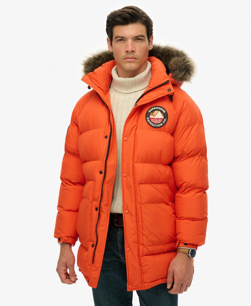 mens Everest Longline Baffled Parka in Bold Orange | Superdry US