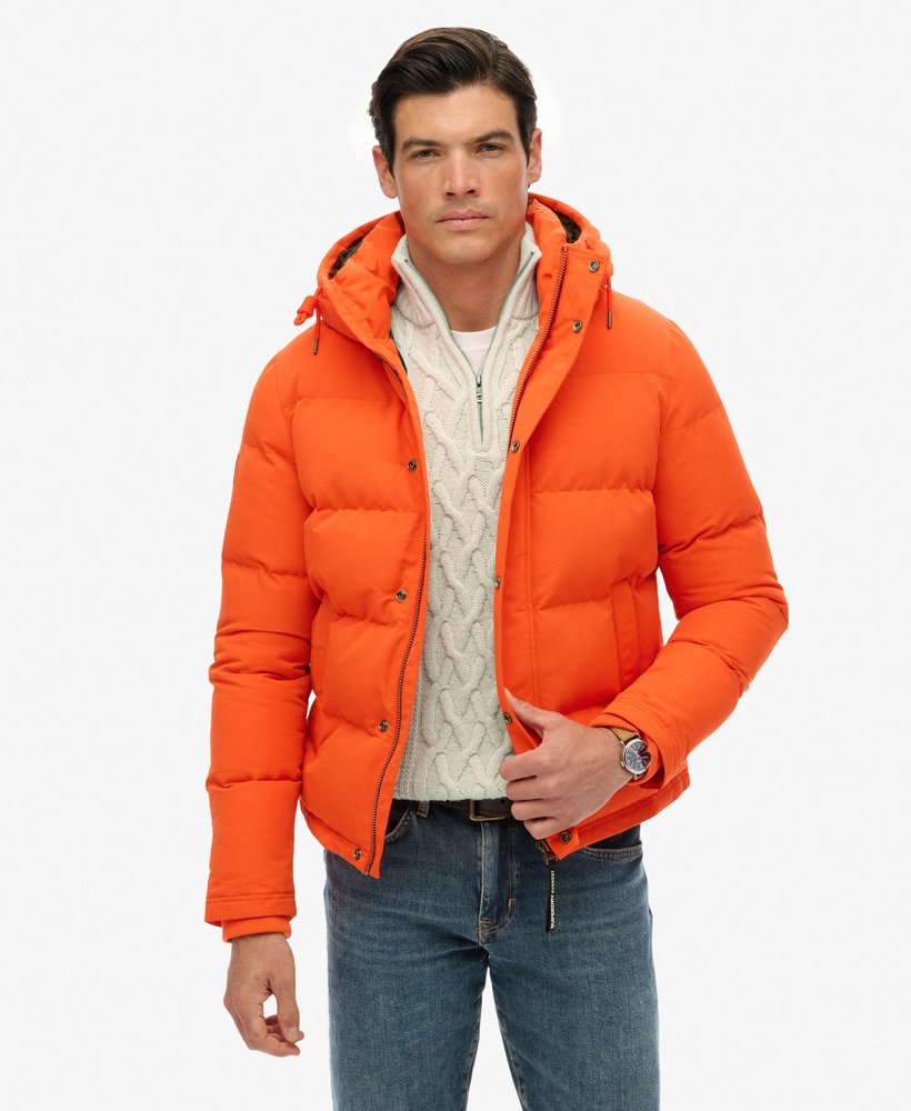 mens Everest Short Hooded Puffer Jacket in Bold Orange | Superdry US