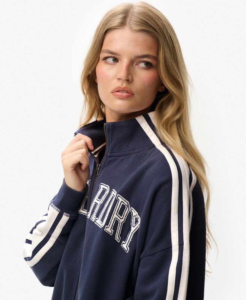 womens Athletic Essentials Applique Loose Zip Track Top in Mariner