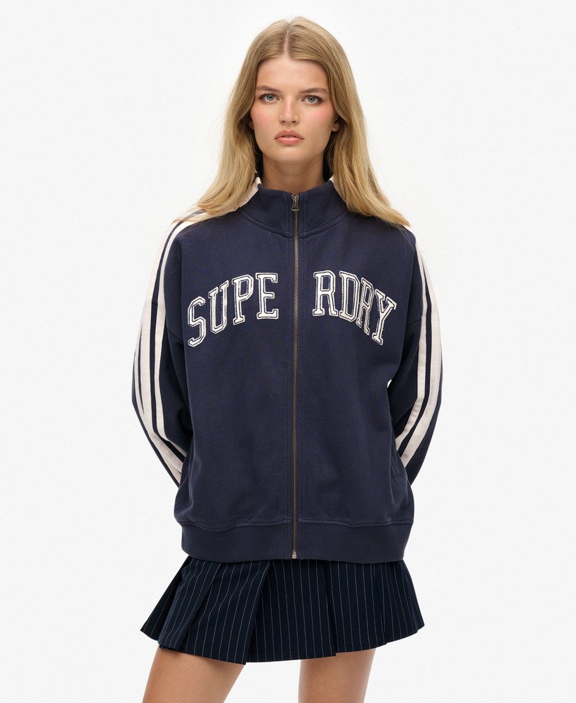 womens Athletic Essentials Applique Loose Zip Track Top in Mariner