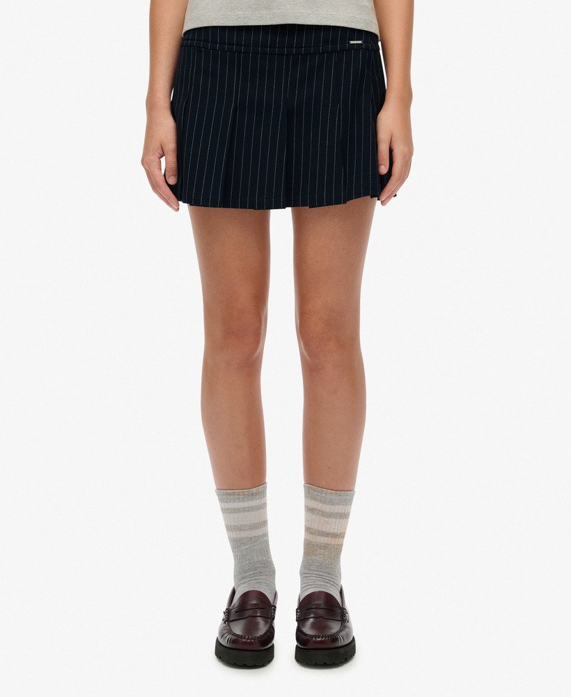 womens Pinstripe Pleat Mini Skirt in NAVY PINSTRIPE | Superdry US