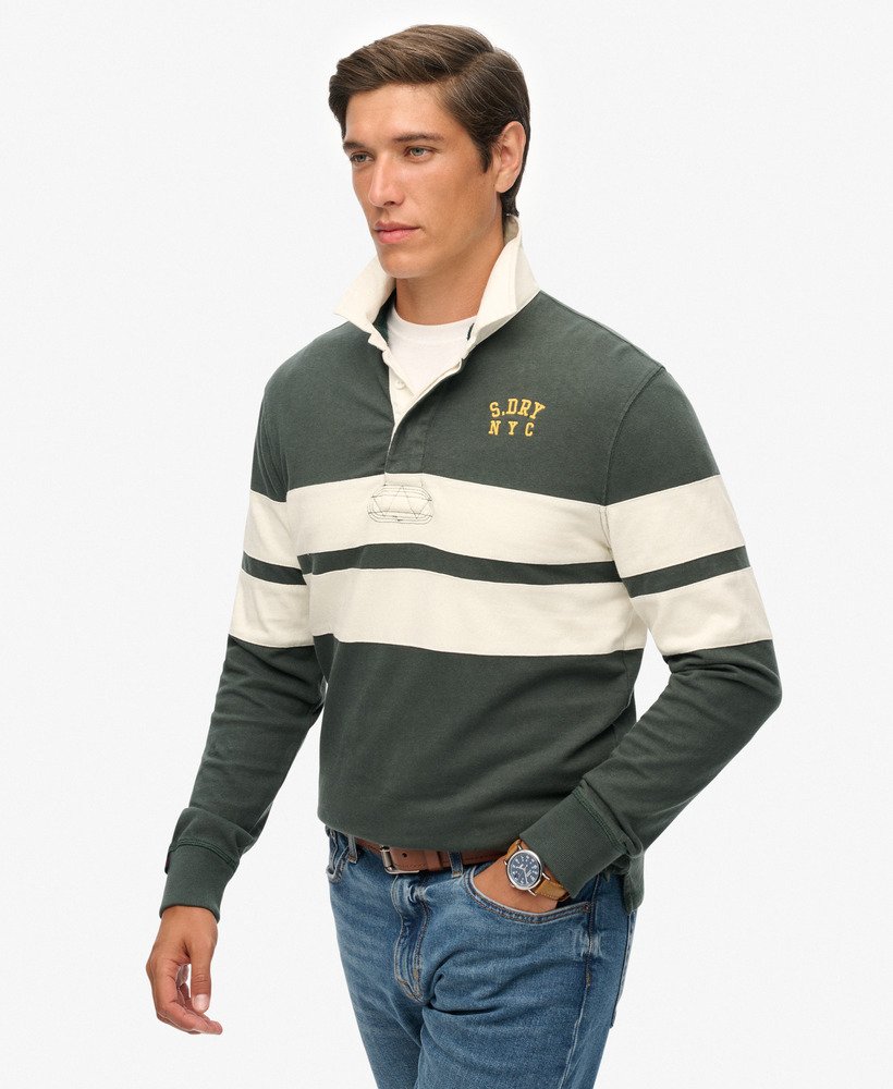 Heren Vintage Athletic Stripe Rugby Top in eagle green chest band ...