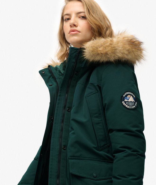 womens Everest Faux Fur Parka Coat in ENAMEL GREEN Superdry UK