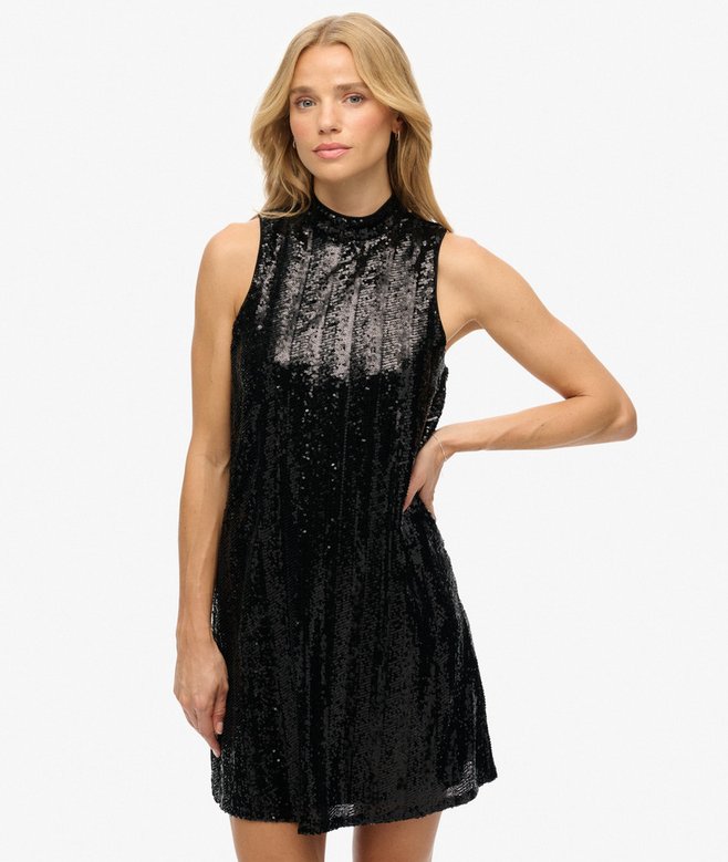 High Neck Sleeveless Sequin Embellished Trapeze A Line Dress – Mac Duggal