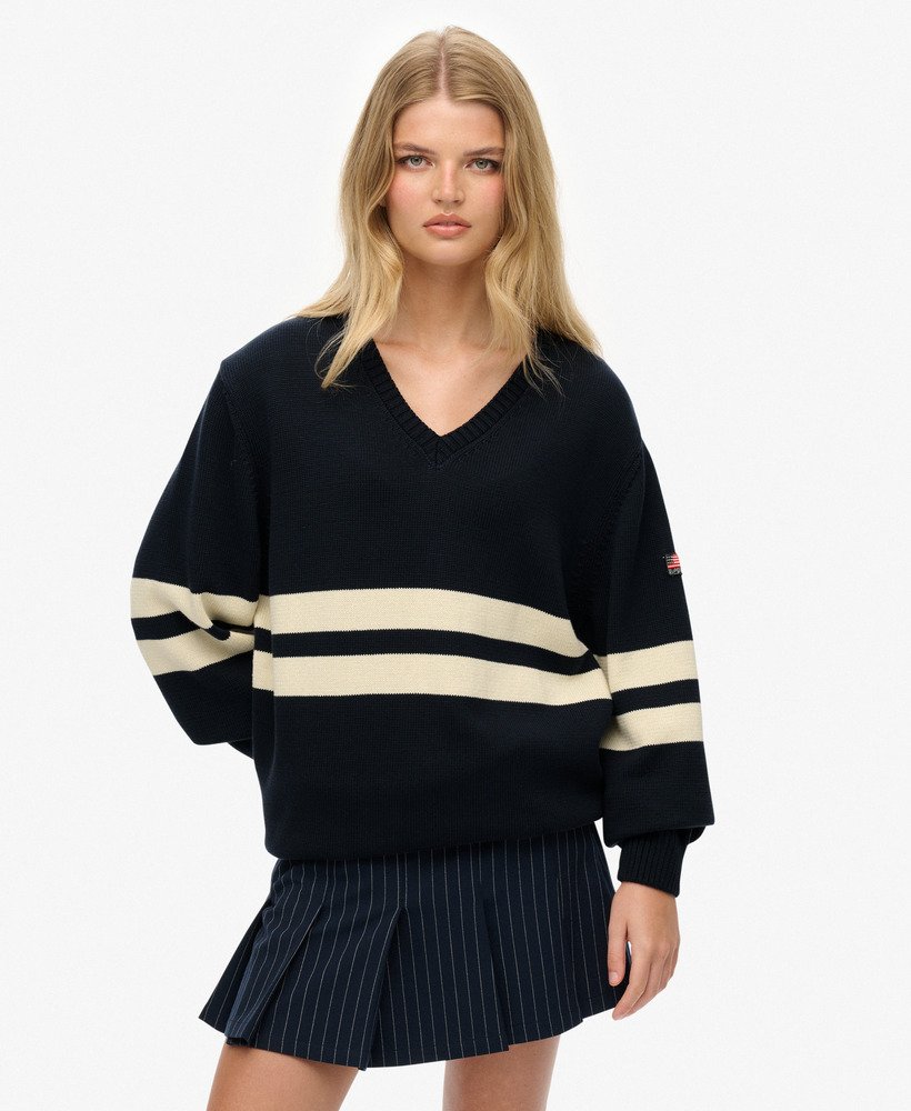 womens Oversized Striped V-Neck Jumper in DEEP NAVY | Superdry IE
