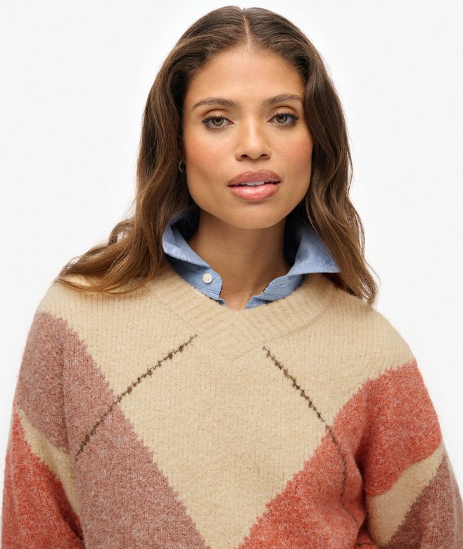Oversized Argyle V Neck Jumper