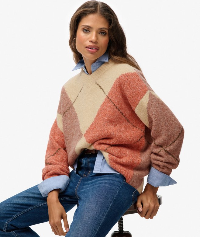 Oversized Argyle V Neck Jumper