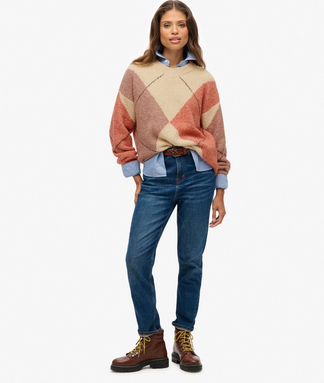 Oversized Argyle V Neck Jumper